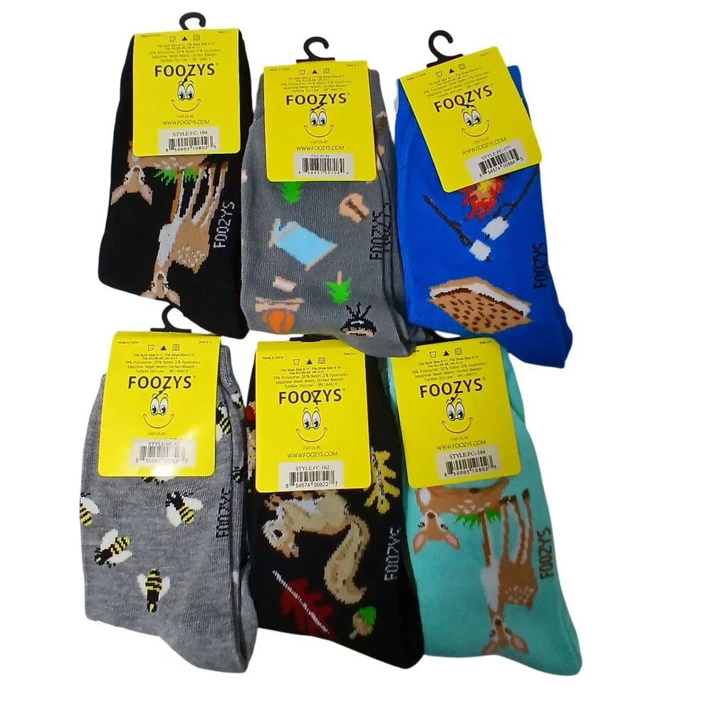 Foozys 6 Pair Camping Sock Bundle Women Deer Squirrel Smores Bee Outdoors #D-22